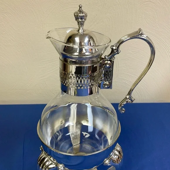 Vintage Kent Silversmith Glass Pitcher Carafe + Silver Pedestal Warmer Stand - Picture 4 of 13